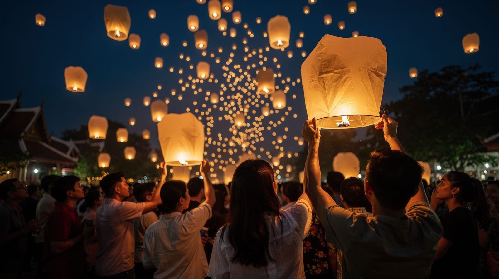 Festivals & lanterns — Yi Peng sky lanterns and Loy Krathong in November, Songkran's water festival in 