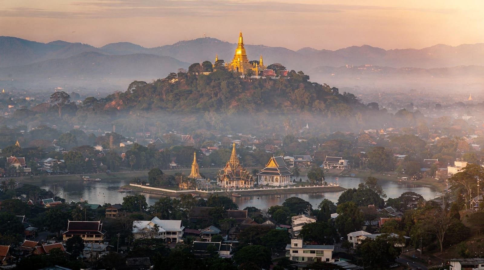 Chiang Mai — the golden pagoda of Doi Suthep, the Old City temples and the Ping River at golden hour